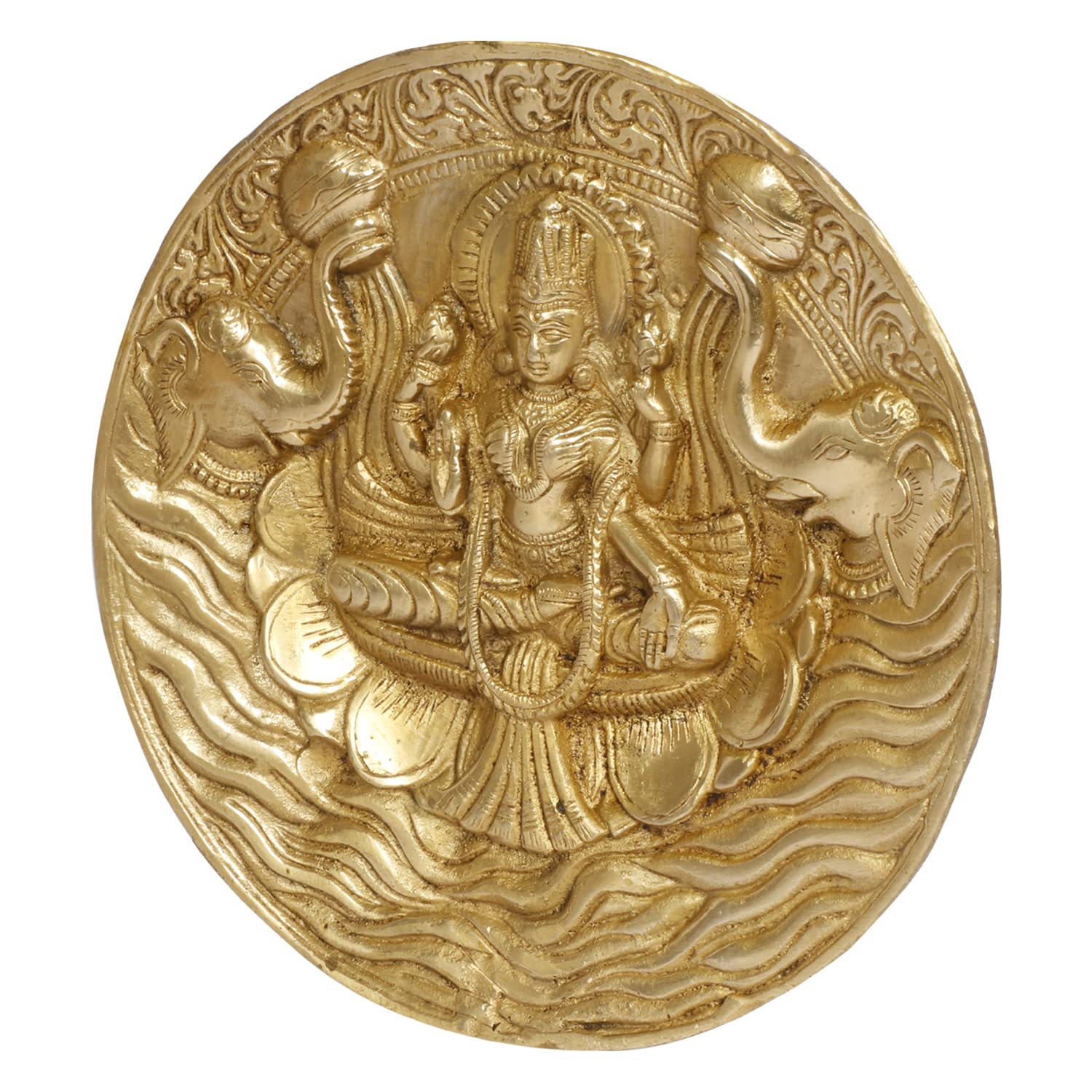 ARTVARKO Goddess Lakshmi Carved Brass Gajalakshmi Laxmi Devi with Elephant Idol Entrance Door Wall Decor for Home Office Gift 7.5 Inch.