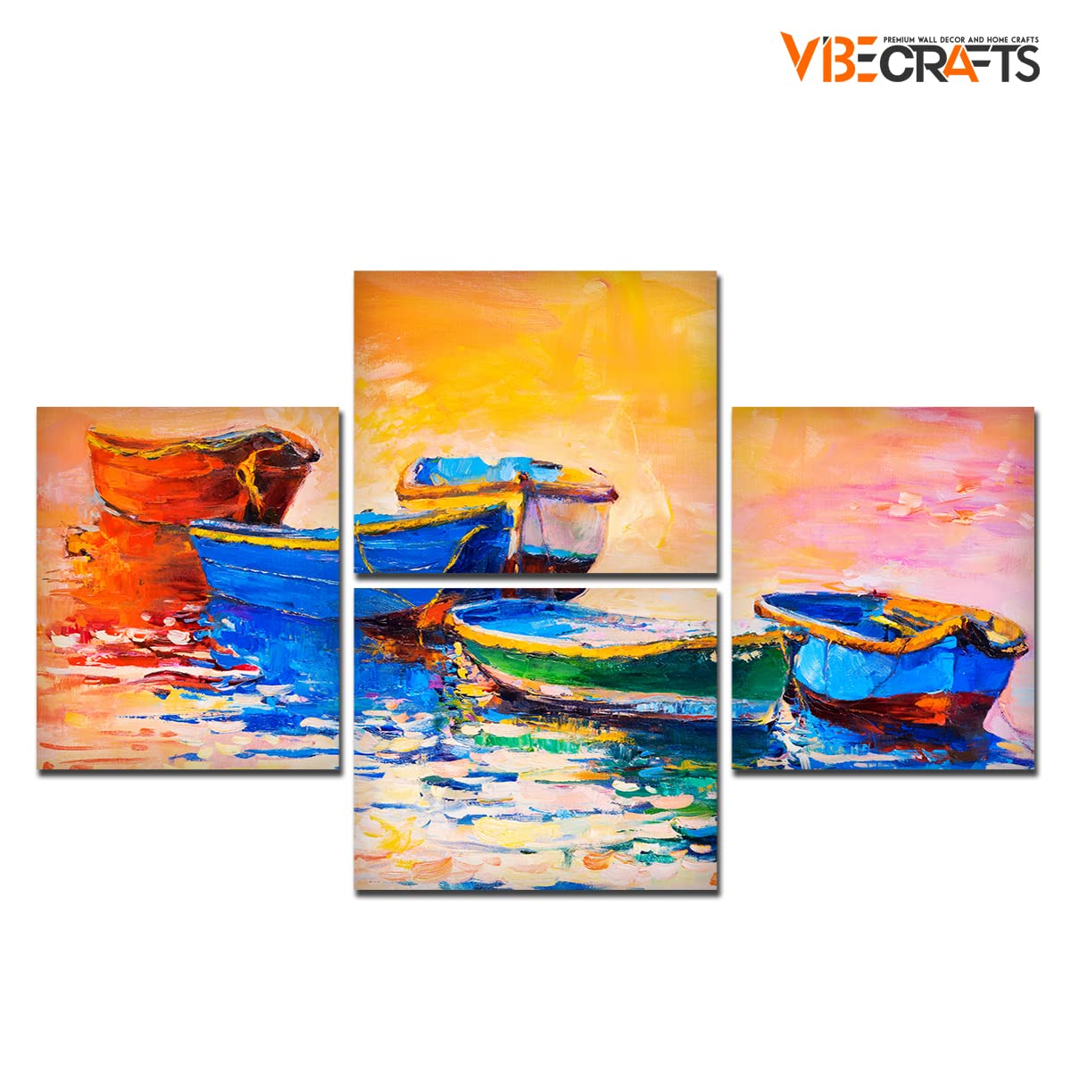 VIBECRAFTS Beautiful Boats And Sunset 4 Pieces Canvas Wall Painting Fitted With Wooden Frame For Home | Office | Living Room | Gifts (PTVC4Pcs4_16501N)
