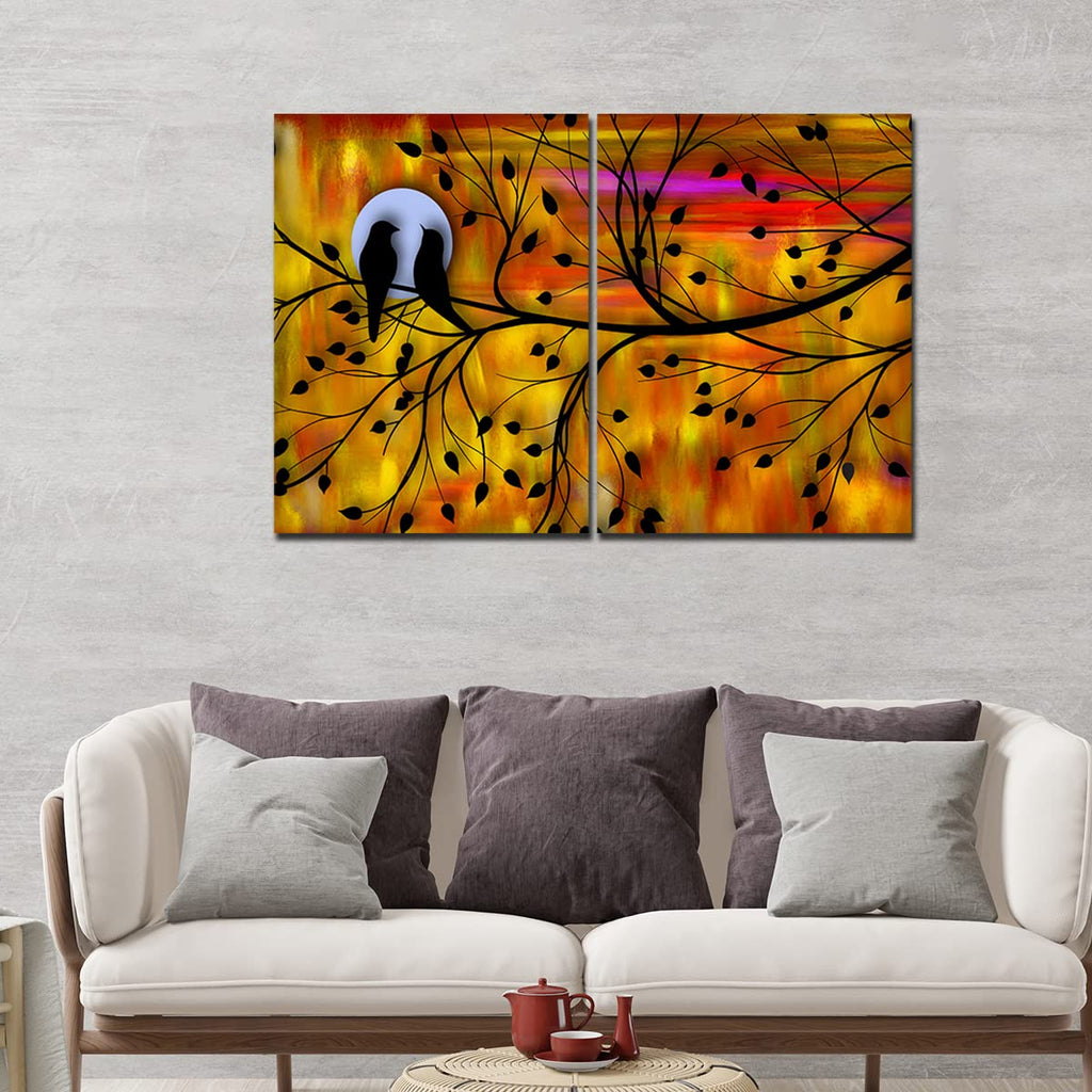 VIBECRAFTS Beautiful Bird Couple On Tree 2 Pieces Canvas Wall Painting Fitted With Wooden Frame For Home | Office | Living Room | Gifts(PTVC2Pcs1_17503)