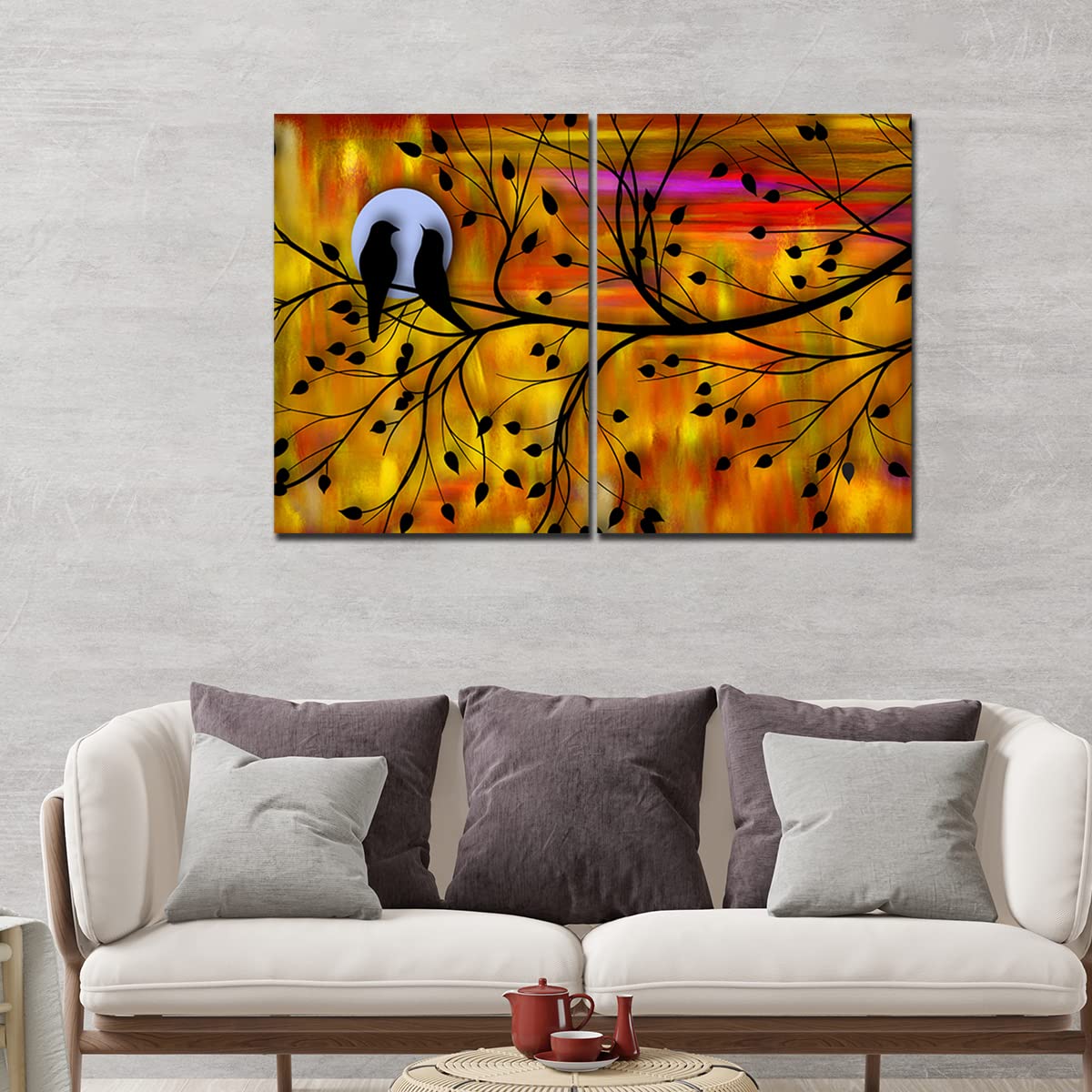 VIBECRAFTS Beautiful Bird Couple On Tree 2 Pieces Canvas Wall Painting Fitted With Wooden Frame For Home | Office | Living Room | Gifts(PTVC2Pcs1_17503)