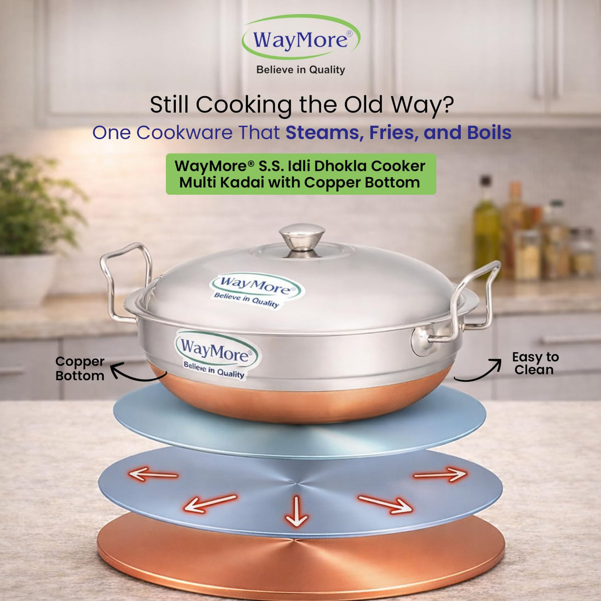 WayMore® S.S. Idli Dhokla Cooker Multi Kadai with Copper Bottom All-in-One Big Size 7 Plates, 2 Idli Steamer | 2 Mini Idli | 2 Dhokla Steamer | 1 Patra | Momos Steamer | 4 in 1 | 28.5 cm Dia.