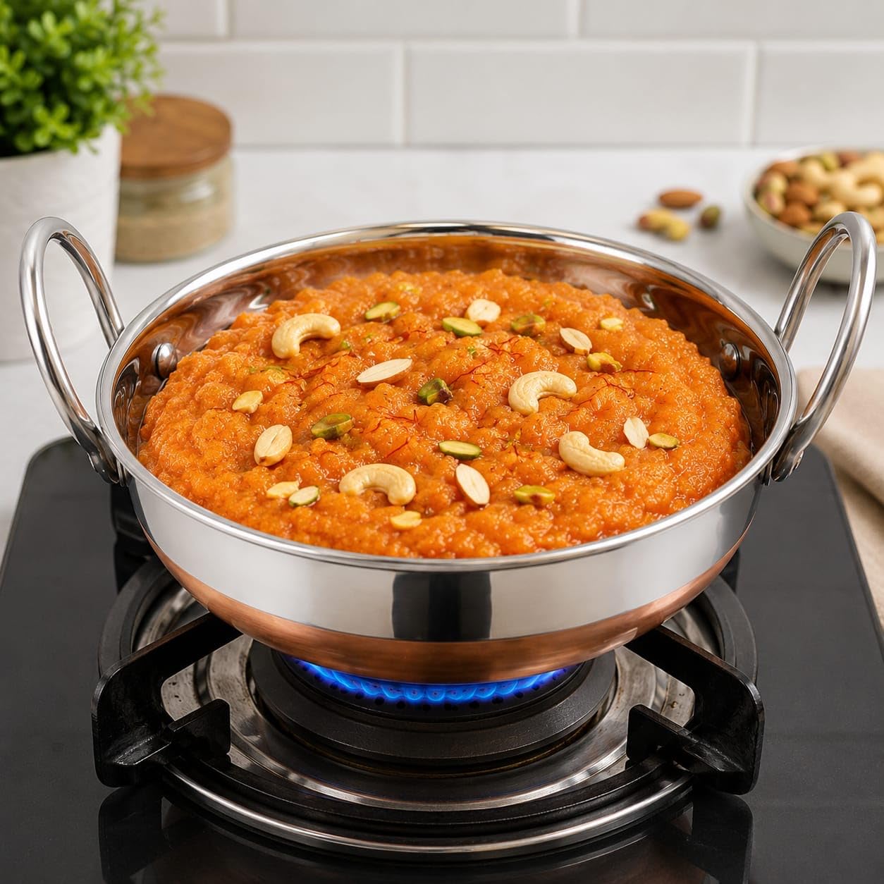 PAVANI Enterprises Stainless Steel Copper Bottom Kadhai with Handles | Heavy Duty Induction & Gas Compatible Cooking Kadai | Silver & Copper | Size No. - 10 (1 L)