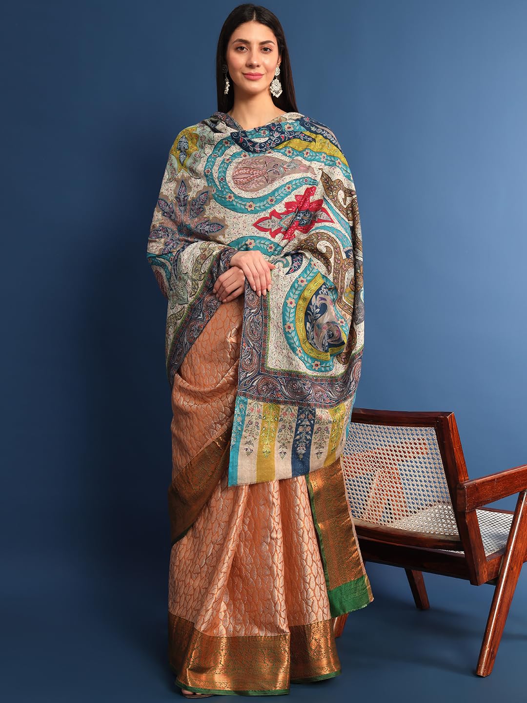 Pashmoda Women Mehar Fine Wool Fabric Pashmina Kalamkari Embroidered Shawl, Stole and Wrap, Sustainable and Natural Fabric, Heritage Kashmiri Pashmina(Size 45x90)