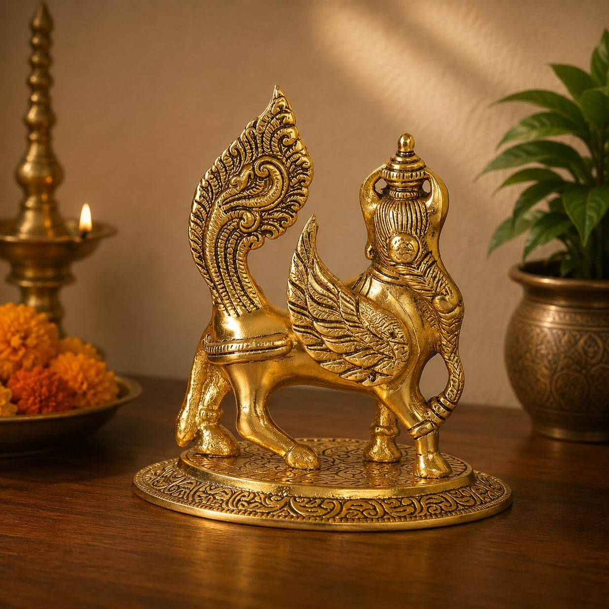 KridayKraft kamdhenu nandani Cow Table Decorative Statue Gold Plated Statue for Good Luck Feng Shui & Vastu Showpiece As Table Top Religious Idol Gau MATA