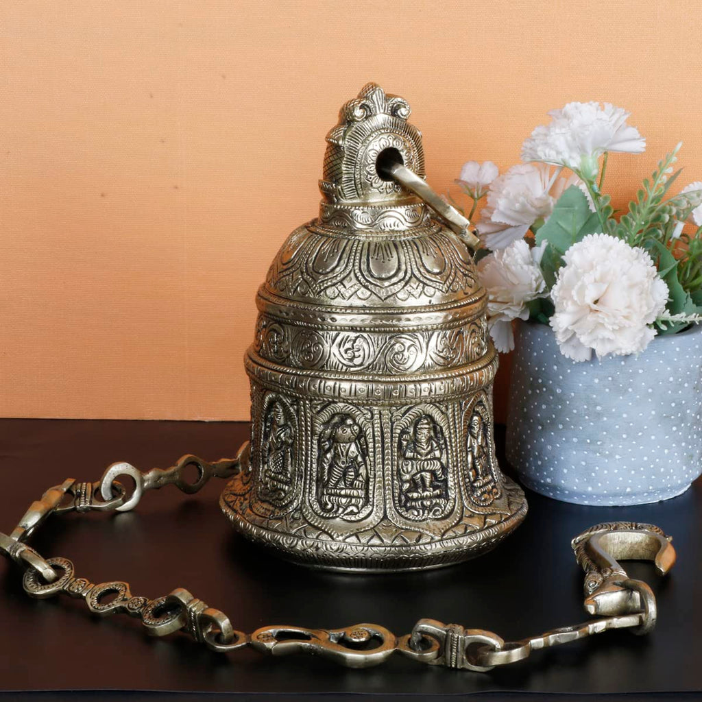 Artvarko Dashavatar Brass Hanging Bell with Chain God Lord Vishnu dashavataram Engraved Temple Ghanta Height 42 Inches