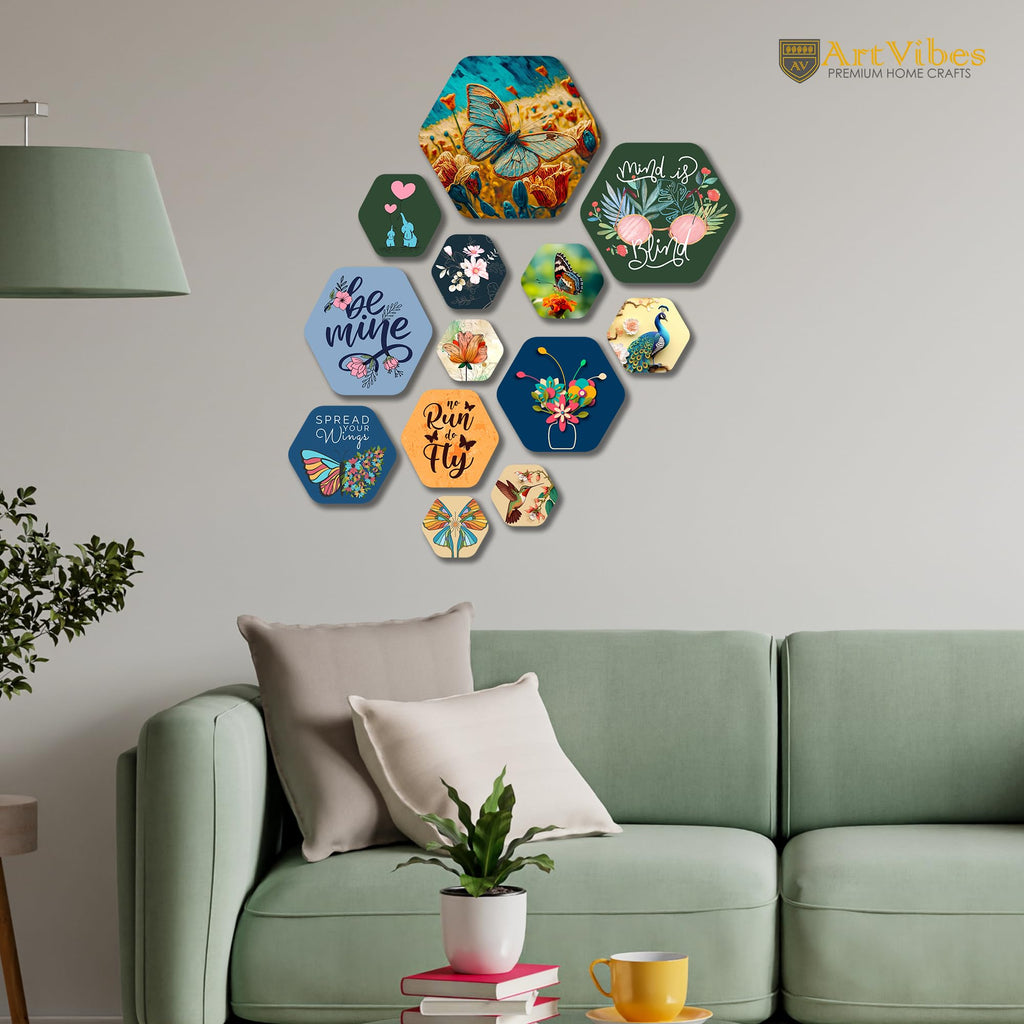 Artvibes Spread Your Wings Hexagon Shape MDF Wooden Wall Decor Items | Motivational Wall Decor | Wall Accent | Graphic Art | Gift Items | Office Wall Decoration Items (WPS_205N), Set of 13
