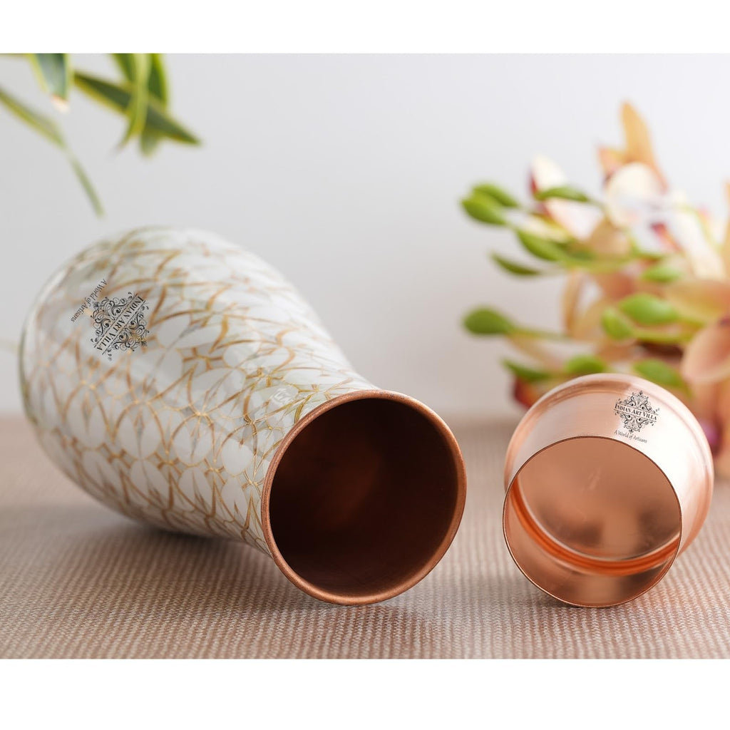 INDIAN ART VILLA Copper Gold Block Print Bedroom Bottle – Designer Drinkware, Stylish Copper Water Bottle for Home Use, Volume- 1500 ML