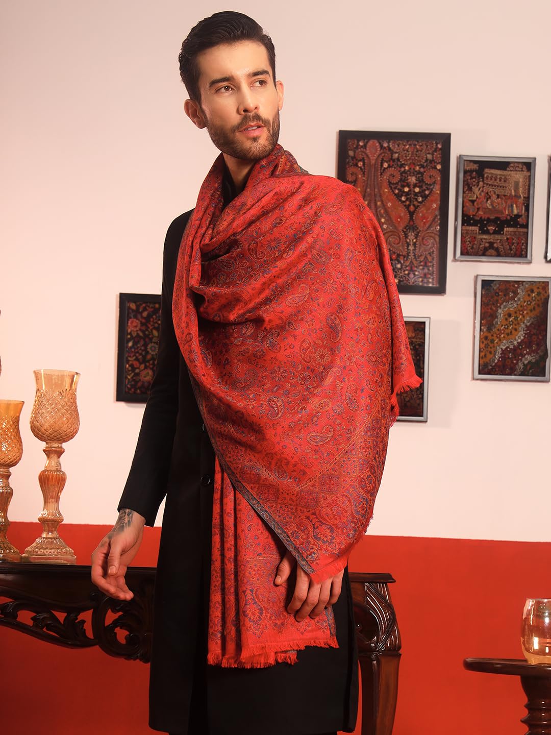 Pashmoda Men Chandni Kaani Stole, Authentic Kashmiri Luxury Pashmina Style Shawl, Stole, Small Size Gents Lohi, (Size 28x80 Inches,Maroon Color) MAVST07