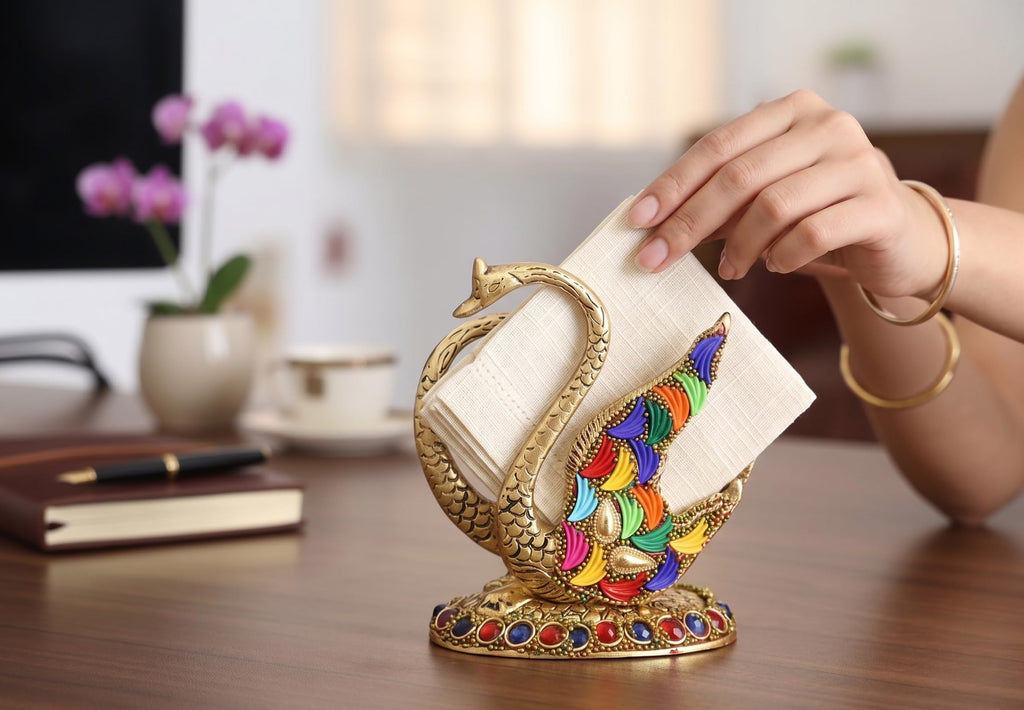 KridayKraft Metal Swan Napkin Holder for Dining Table, Golden Twin Swan Tissue Paper Stand with Leaf Design & Colourful Stone Work, Decorative Tableware for Home, Kitchen, Restaurant & Gifting.