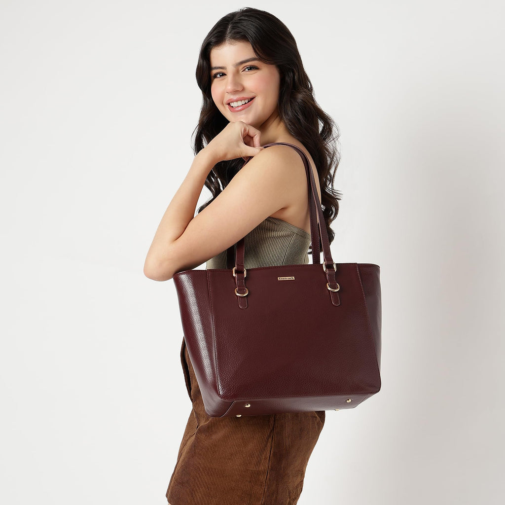 Fastrack CityStride Cherry Tote | Faux-Leather Women’s Handbag | Pebble-Textured Tote for 14-Inch Laptop with Dual Compartments