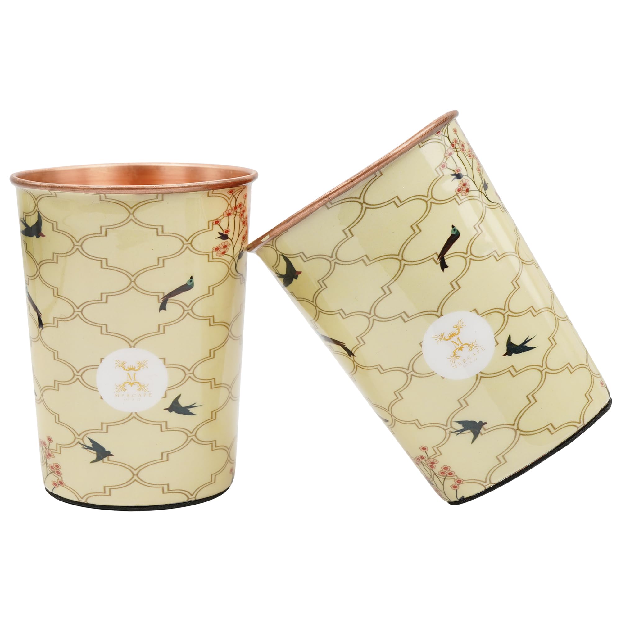 MERCAPE® 100% Pure Copper Glasses Set of 2 | Designer Meena Print | 300ml Each | Ayurvedic Benefits | Handmade Copper Tumblers for Daily Use & Gifting (Multiple Designs) (Beige Swallow Design)