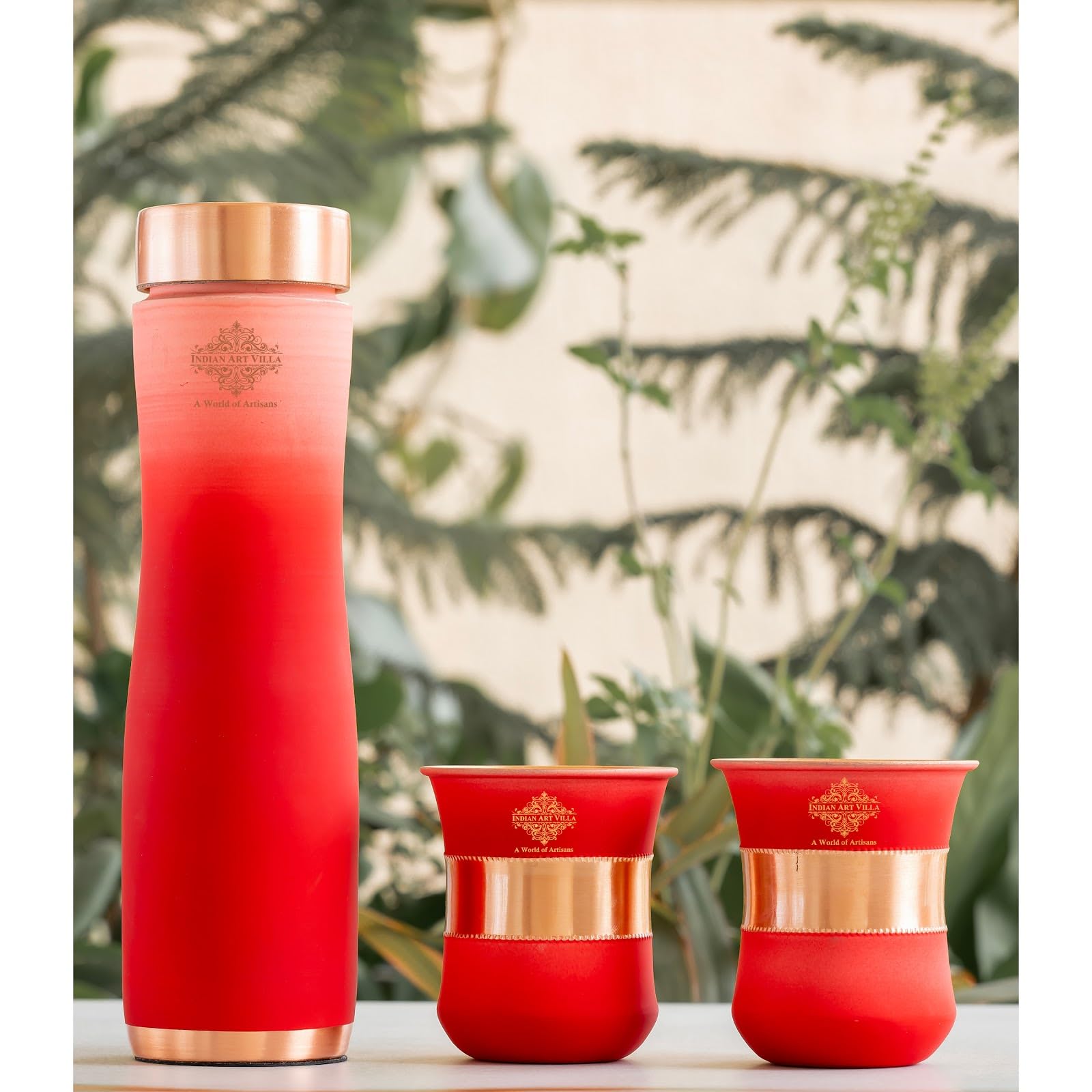 INDIAN ART VILLA Copper Bottle & Glass Gift Set - 950 ml Water Bottle & 2 Glasses (300 ml Each) - Pure Copper with Pink Ombre Silk Finish, Perfect for Gifting & Everyday Use
