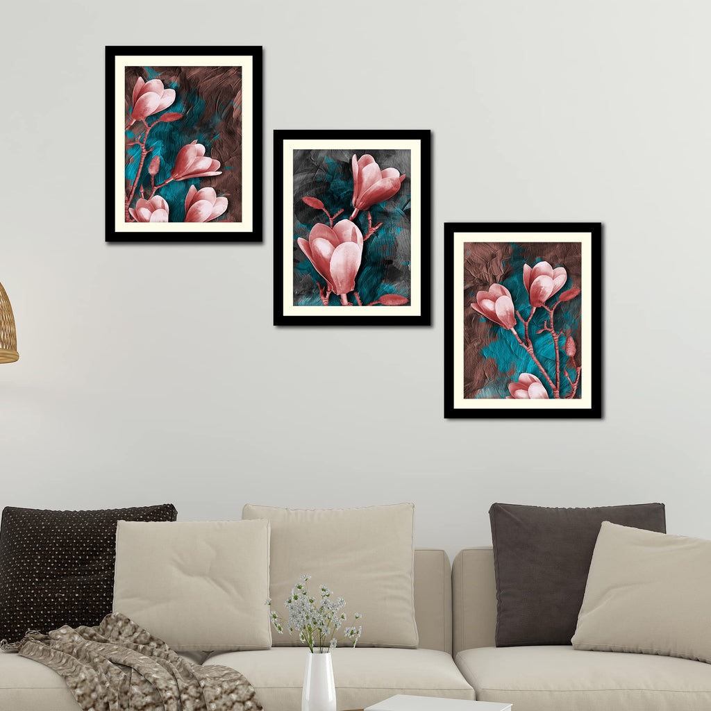 VIBECRAFTS Tulips Flower Decorative Wall Frames Set of 3 For Office Digital Reprint Posters with Synthetic Wooden Frame Home, Office Decorative Gift Item(15 inch x 12 inch)(PFVC3Pcs4_1318)