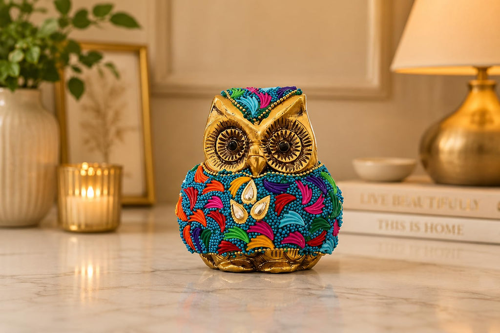KridayKraft Metal Owl Showpiece, 10 cm Golden Aluminium Owl Statue with Stone Work, Decorative Paperweight for Home, Office Desk, Study Table & Gifting