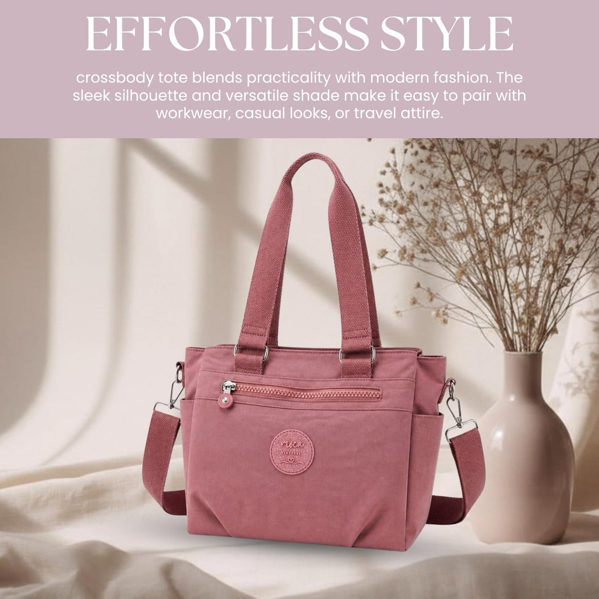 MOCA Women Nylon Tote Bag Lightweight Waterproof Handbag Large Capacity Multi Compartment Shoulder Crossbody Bag Daily Use Office Travel College Ladies Purse with Zipper (Peach)