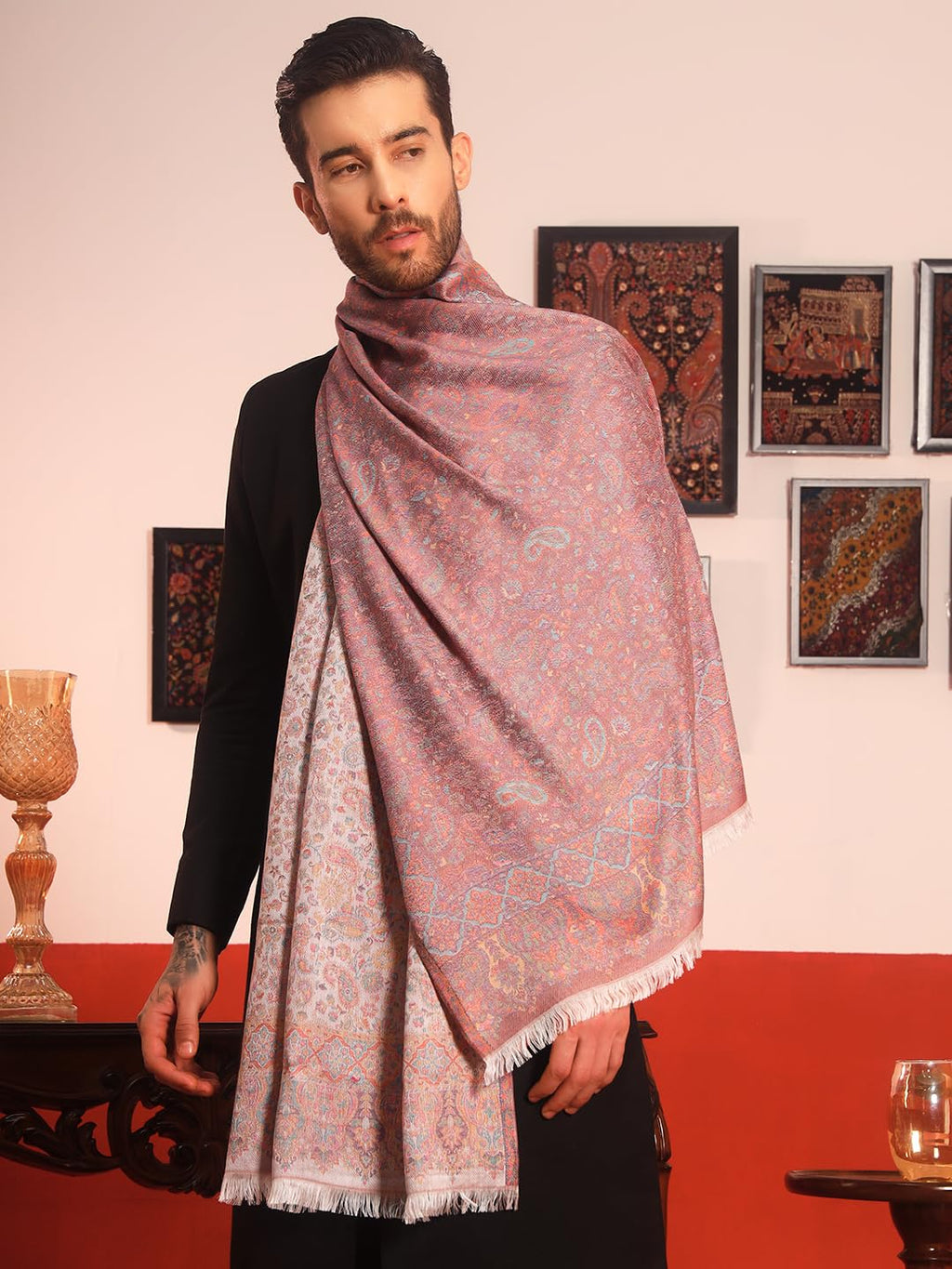 Pashmoda Men Chandni Kaani Stole, Authentic Kashmiri Luxury Pashmina Style Shawl, Stole, Small Size Gents Lohi, (Size 28x80 Inches,White Color) MAVST07