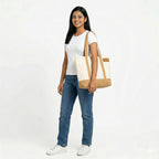 Meeboo’s Tote Canvas Tote Bag Off White Medium Size 350 GSM Cotton Canvas Shoulder Bag for Women Reusable Shopping Office College Bag with Magnetic Closure (Off White Beige Handle)
