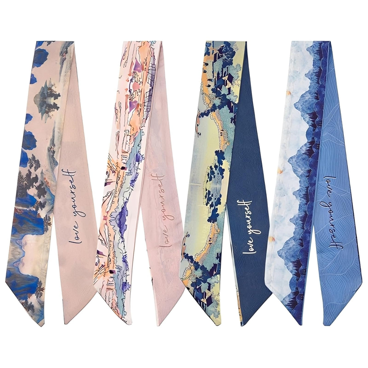 FFZDENA 4-Piece Hair Scarf for Women, Retro Landscape Silk-Feel Satin Scarf, Stylish Purse Headband and Handbag Ribbon Accessories