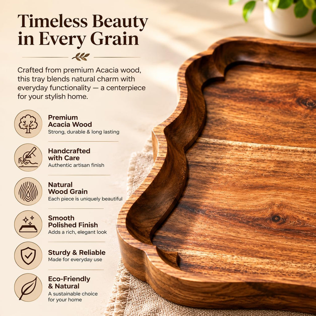 Premium Acacia Wood Serving Tray Handcrafted Wooden Decorative Tray with Scalloped Edge 11 x 11 x 1 Inch Round Serving Platter for Coffee Table, Dining Table, Tea, Snacks & Home Decor (mod 4)