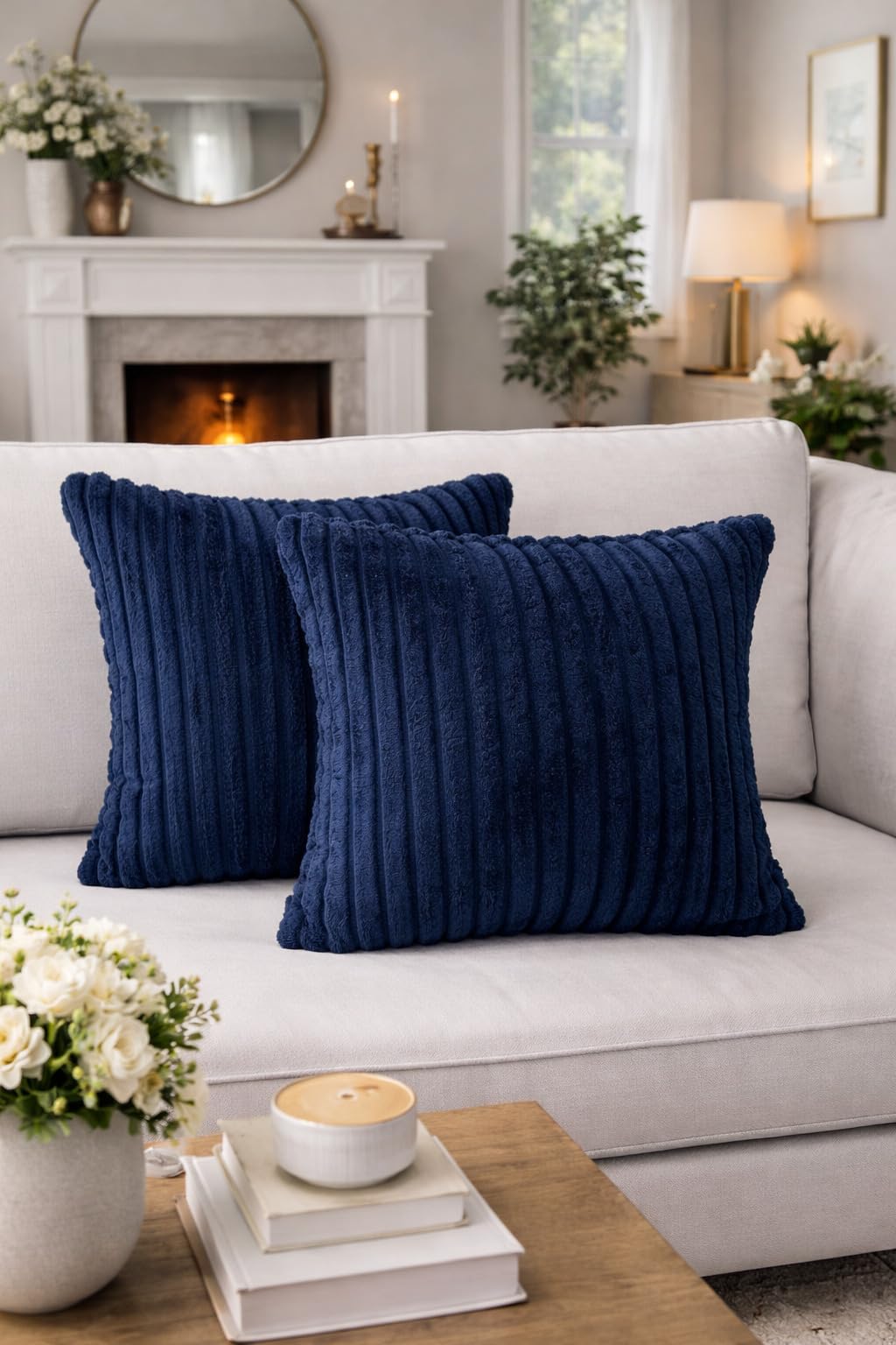 AWARD VELVETS Premium Faux Rabbit Fur Plush Luxury Soft Fluffy Striped Decorative Throw Pillow/Cushion Covers for Sofa, Couch, Living Room - (Navy Blue, 16 x 16 inch) Set of 1