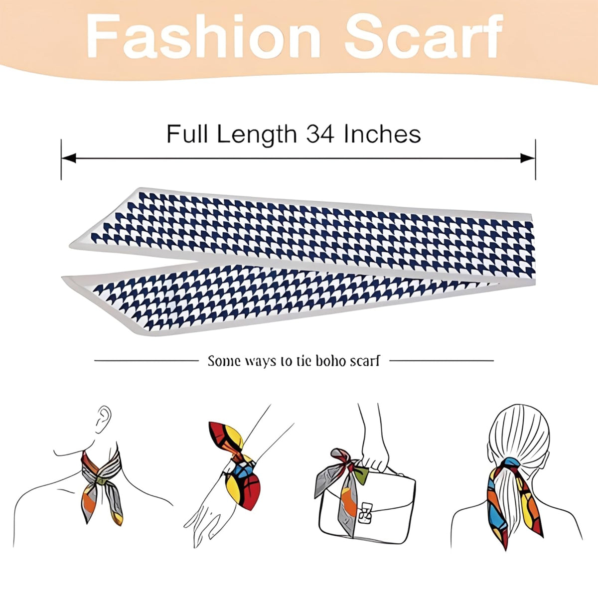 FFZDENA Hair Scarf for Women, Satin Scarf Accessories, Multifunctional Head Scarf and Bag Scarf, Set of 4 Blue Polyester Scarves for Fashion Styling