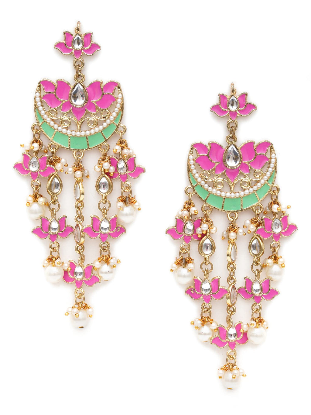 Karatcart Gold Plated Pink Meena Lotus Design Kundan Dangler Earrings for Women (color may slightly vary due to photographic effect)