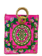 Reusable Shopping Tote Bag, Lotus and Sri Yantra Print, Cotton Canvas, Medium, Gold Metallic Handles, (Multicolors) (Pack of 2)
