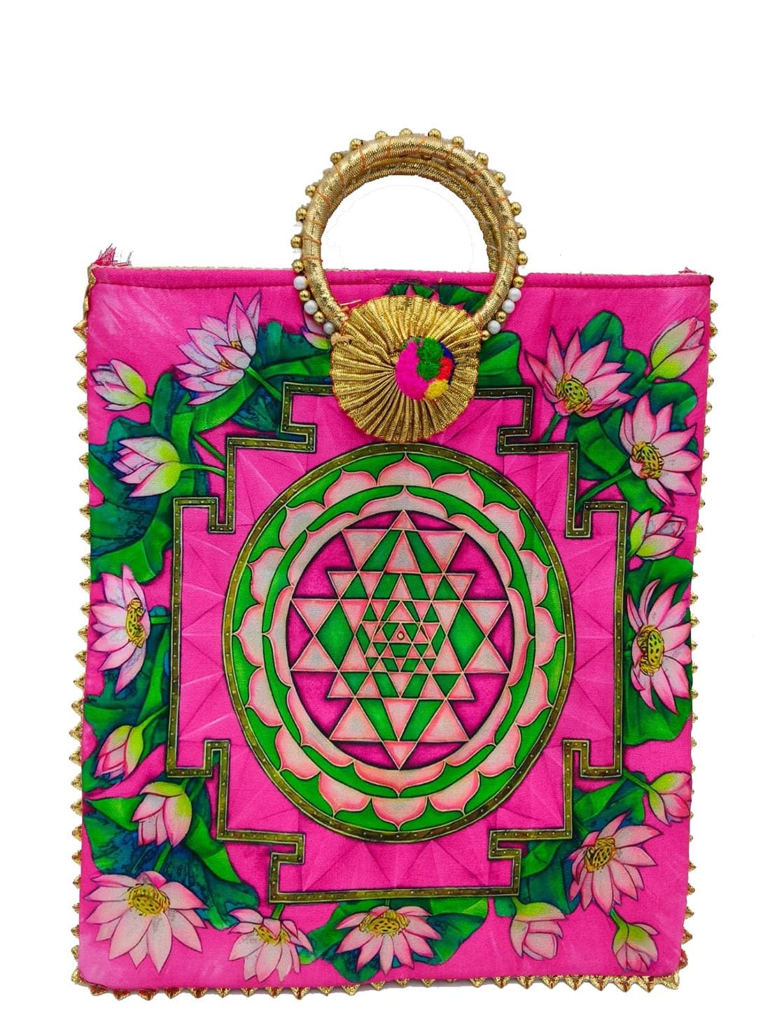 Reusable Shopping Tote Bag, Lotus and Sri Yantra Print, Cotton Canvas, Medium, Gold Metallic Handles, (Multicolors) (Pack of 2)