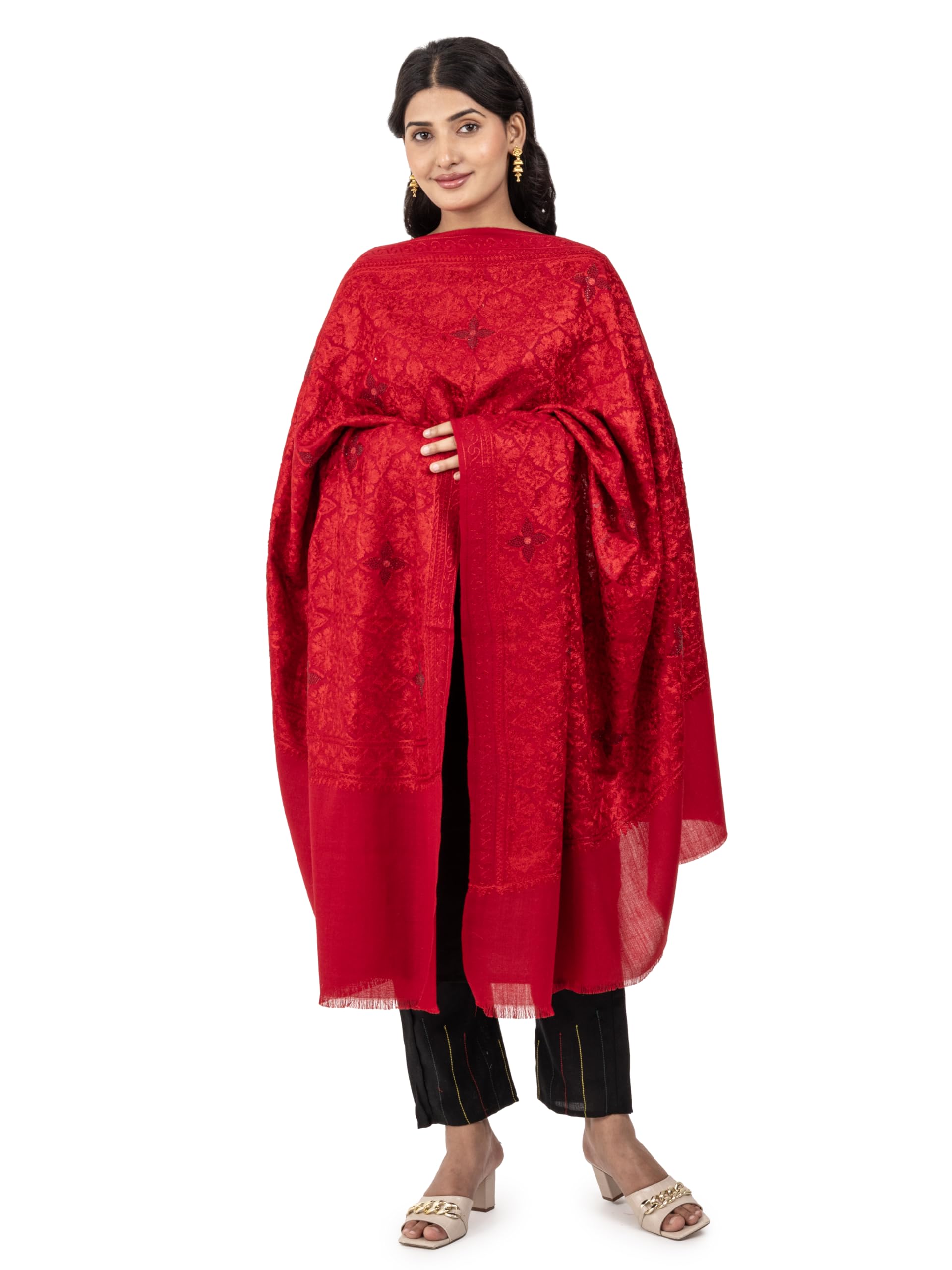 Naureen Women Pashmina Blend Shawl, Aari Embroidery with Shimmering Crystals, Warm and Soft, 40x80 inches