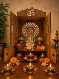 EXPRO Wooden Pooja Mandir with OMWITHJAALI Cut Decorative with Door Engineered Wood Home Temple