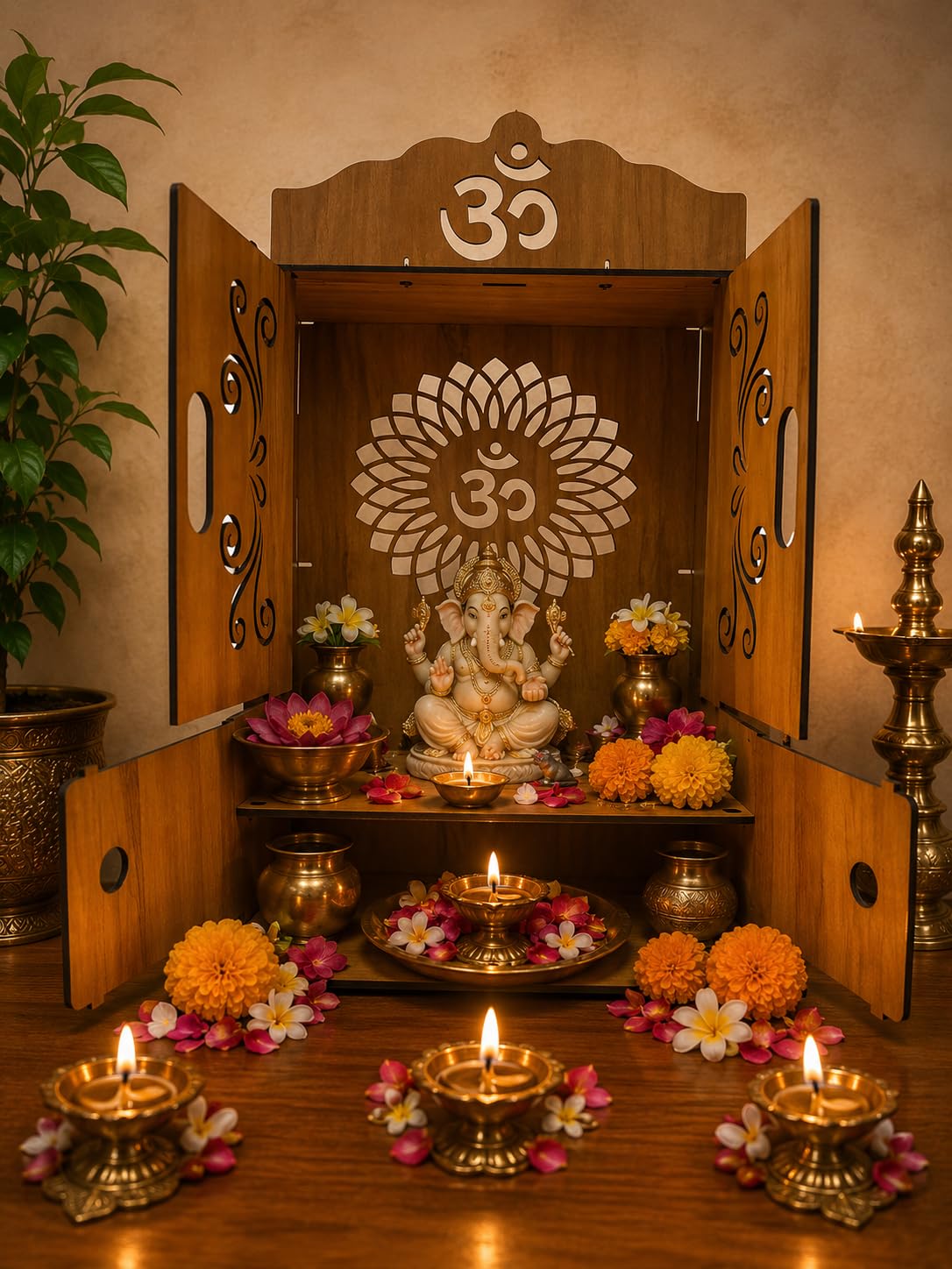 EXPRO Wooden Pooja Mandir with OMWITHJAALI Cut Decorative with Door Engineered Wood Home Temple