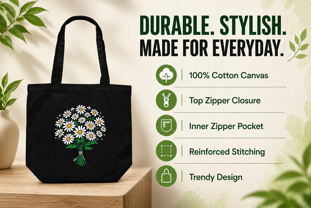 ECOEK Stylish Canvas Tote Bag for Women, Reusable Trendy Zipper Handbag with Pocket, Lightweight Aesthetic Cotton Tote for College, Office, Travel & Daily Use(Daisy)