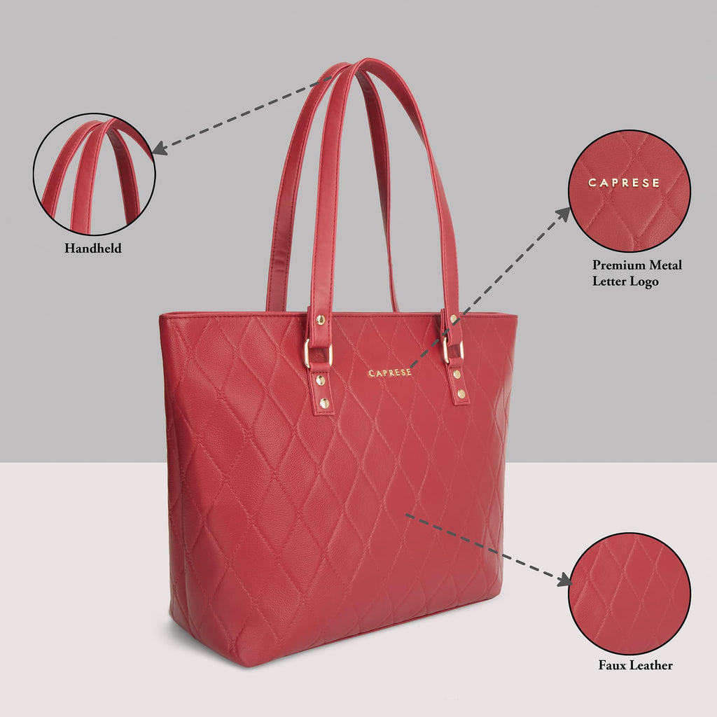 Caprese Claudiaa Large Quilted Faux Leather 16 Inch Laptop Tote Bag for Women | Stylish Handbag with Multi-Compartments & Secure Zipper Closure | Perfect for Office & Travel (Cherry Red)