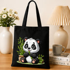 Adorvue New Launch Black Canvas Tote Bag for Women with Cute Panda & Bamboo Print | Premium Cotton Reusable Shopping Shoulder Bag | Kawaii Eco-Friendly Tote for College, Office, Travel & Daily Use
