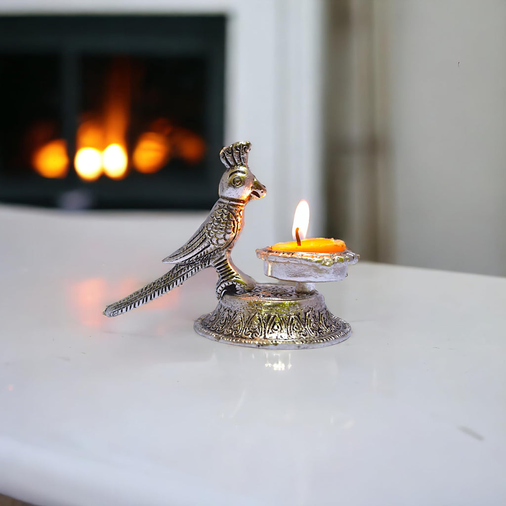 KridayKraft Aluminium Parrot Diya (Silver)