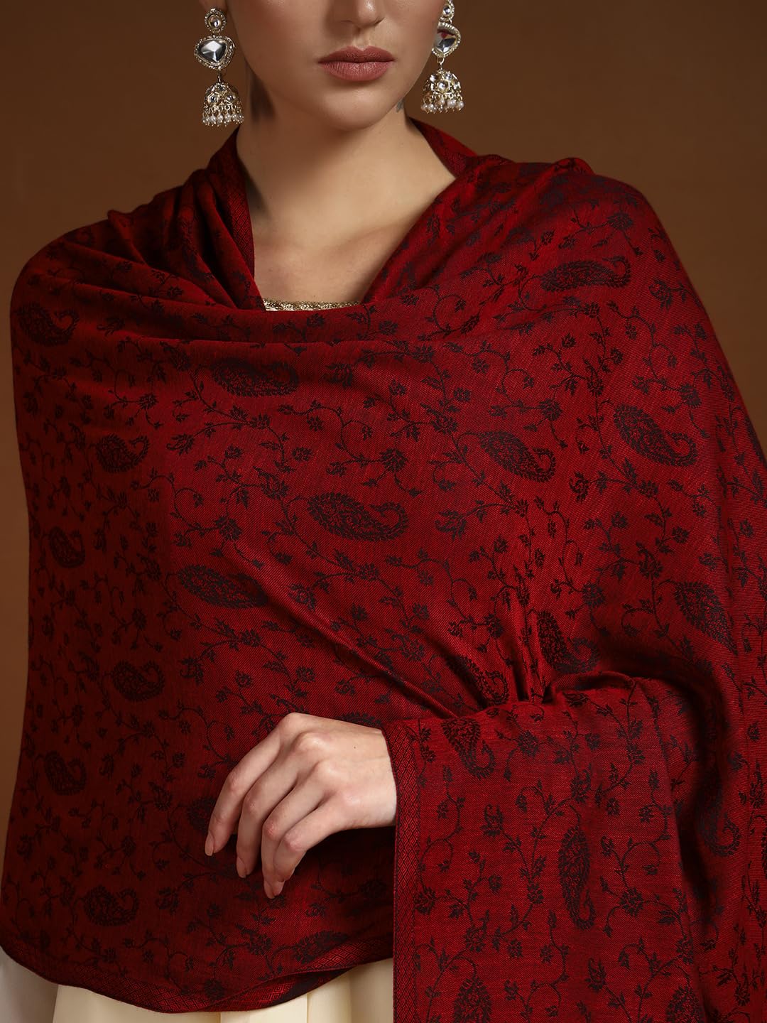 Pashmoda Women Gulpari Kaani Stole, Authentic Kashmiri Luxury Pashmina Style Shawl, Stole, (Size 28x80 Inches, Maroon Color) MAVST06