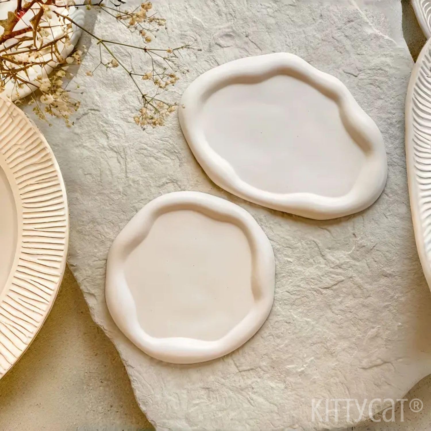 Kitty Cat® Handmade Concrete Trinket Tray Set of 2 – Aesthetic Minimalist Decorative Plates for Jewelry, Candles, Vanity & Table Décor | Modern Home & Office Organizer (Irregular Duo Tray Set)