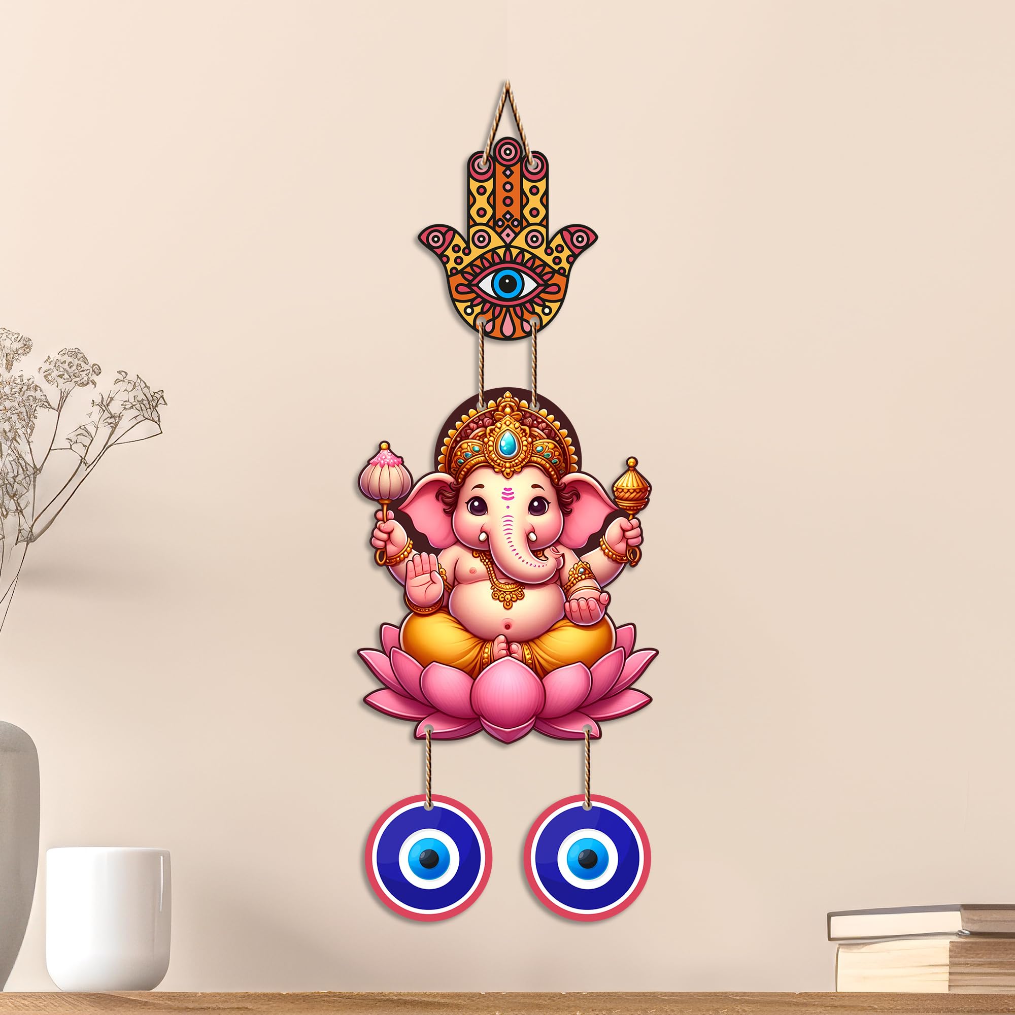 Artvibes Vinayaka Evil Eye Nazar Battu Hanging for Main Door Decor | Sacred Ganesha Wall Art for Home Entrance Living Room Office | Vastu Good Fortune Positive Energy Gift (WH_8564N)