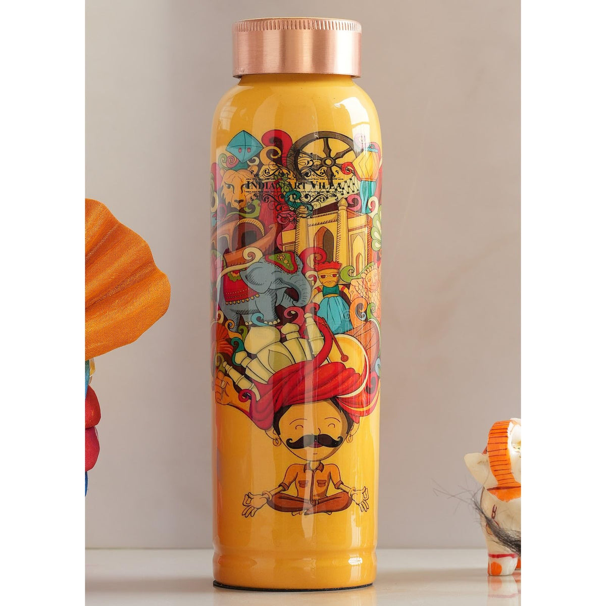 INDIAN ART VILLA Copper Water Bottle 900 ml, “Padharo Mhare Desh” Theme, Rajasthani Meena Printed Design, Handcrafted (0.9 Litre)