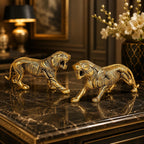 KridayKraft Golden Metal Antique Tiger 2 Pcs Set/Jaguar/Panther/Sher Figurine Table Top Decorative,Feng Shui & Vanstu,Animal Showpiece Figurines. Set of 2 pcs