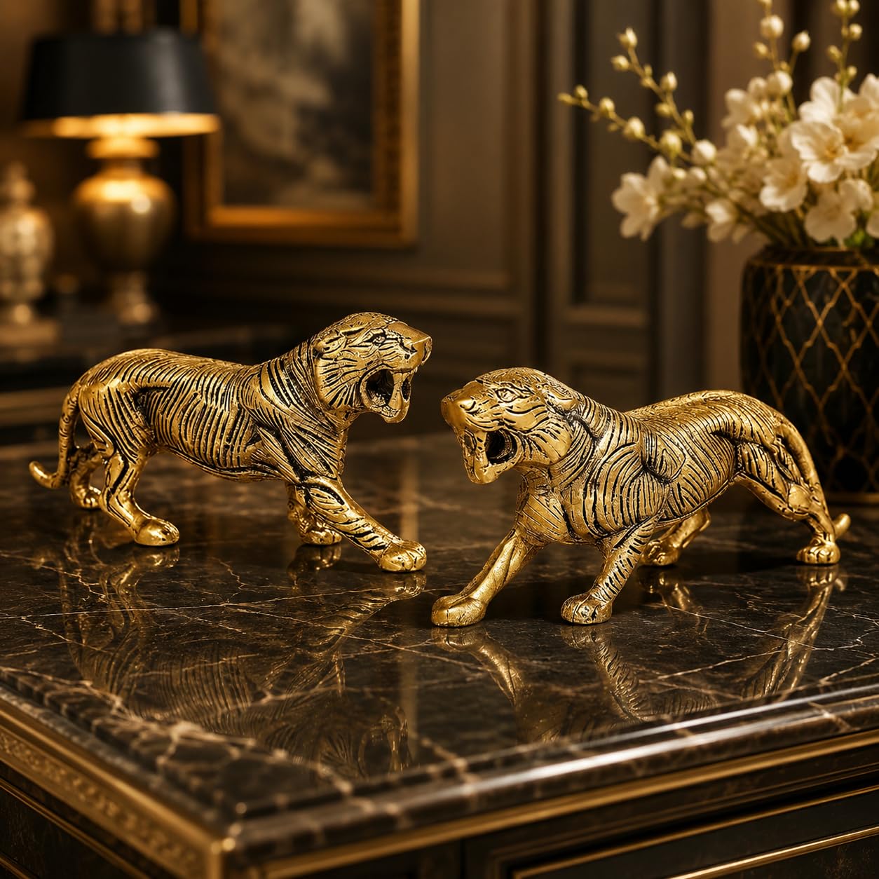 KridayKraft Golden Metal Antique Tiger 2 Pcs Set/Jaguar/Panther/Sher Figurine Table Top Decorative,Feng Shui & Vanstu,Animal Showpiece Figurines. Set of 2 pcs