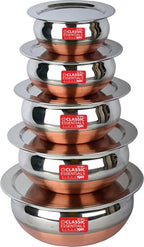Classic Essentials Copper Bottom Stainless Steel Handi Set with lid/Cookware Set/Patila/Bhagona/Biryani Cook & Serve (10)