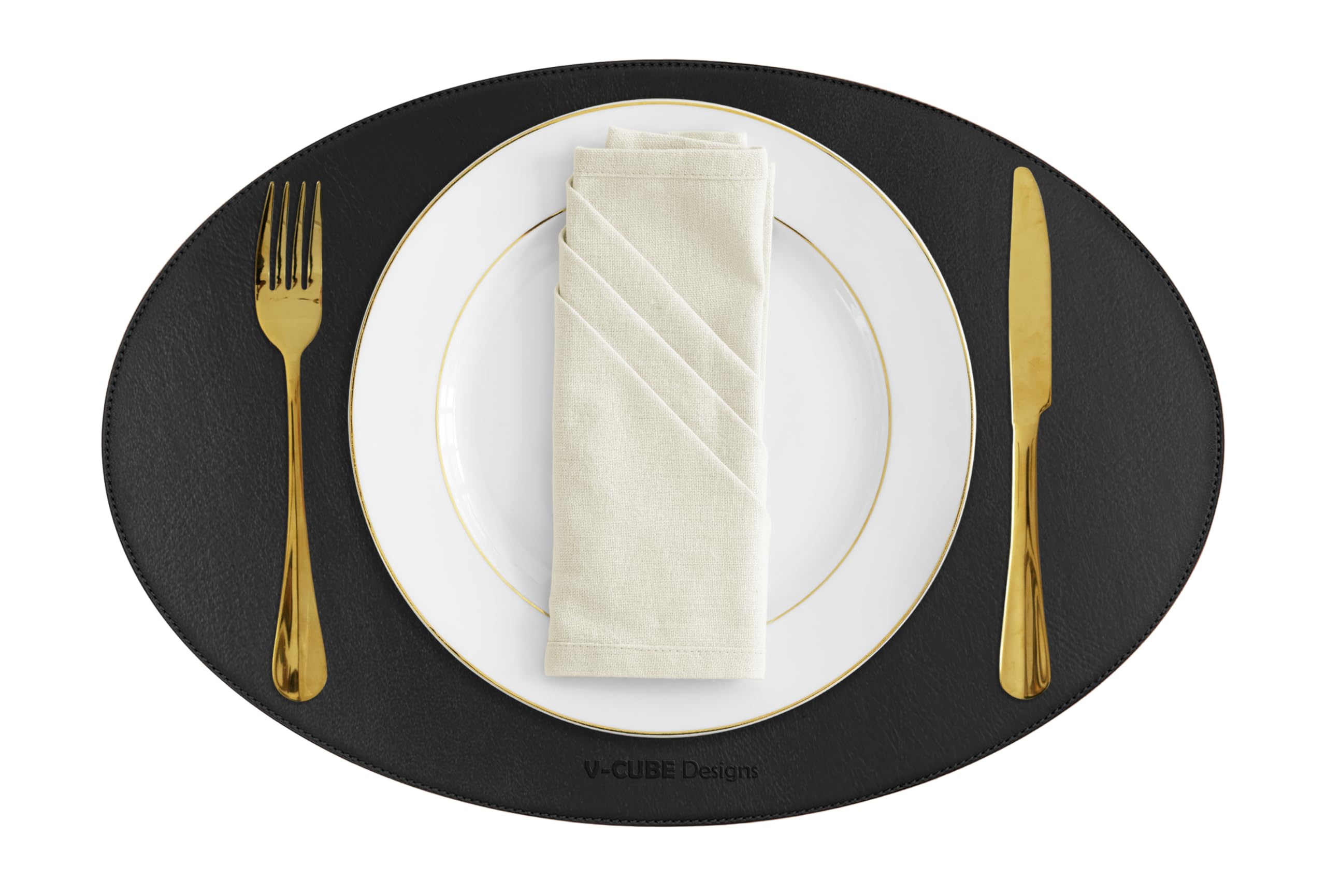 V-CUBE Designs Premium Vegan Leather Placemats Set of 4 - Waterproof - Wipe Clean - Heat Resistant - Anti Slip Dining Table Mat, Suitable for Kitchen Table, Indoor & Outdoor Use - Black Kafalo