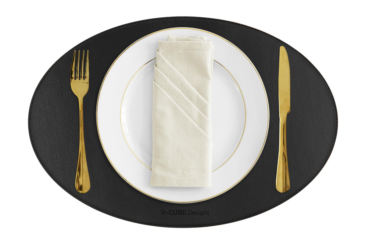 V-CUBE Designs Premium Vegan Leather Placemats Set of 6 - Waterproof - Wipe Clean - Heat Resistant - Anti Slip Dining Table Mat, Suitable for Kitchen Table, Indoor & Outdoor Use - Black Kafalo
