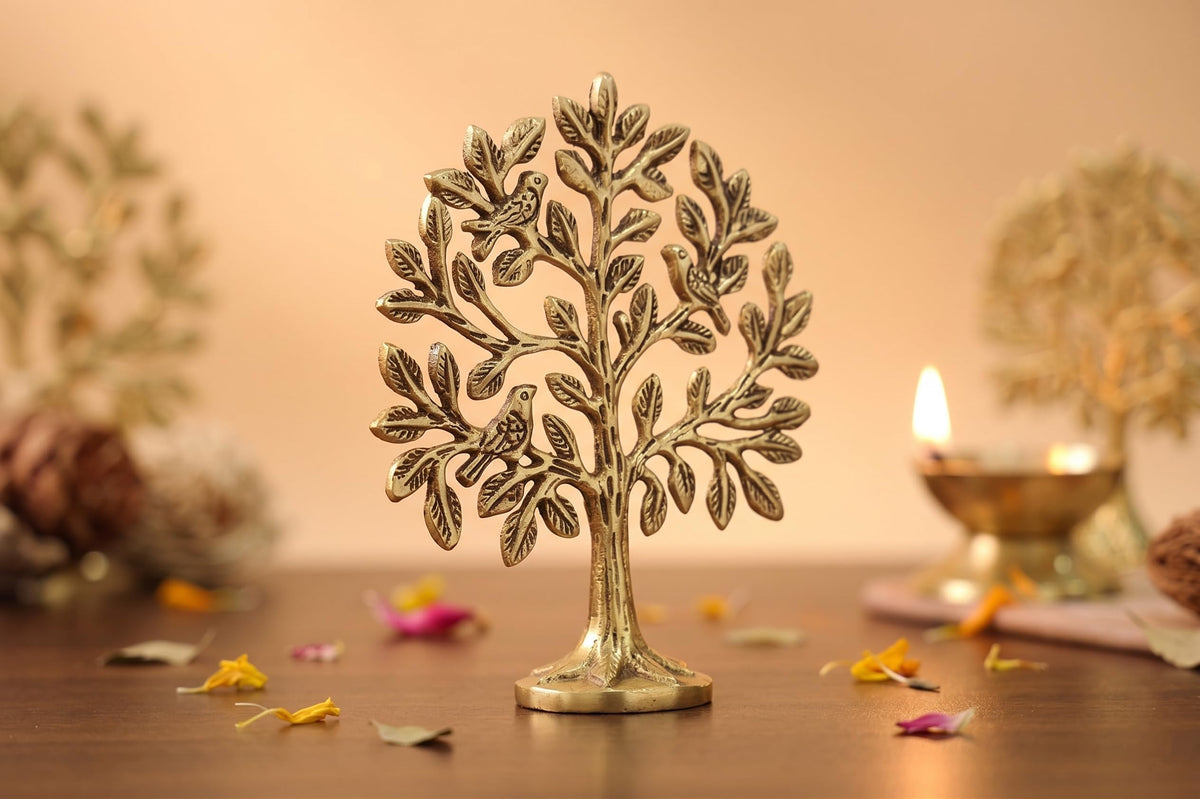 KridayKraft Kalpavriksha Tree of Life Showpiece with Birds, 15 cm Golden Metal Kalpvriksh for Home Mandir, Vastu, Office Table, Housewarming & Diwali Gift