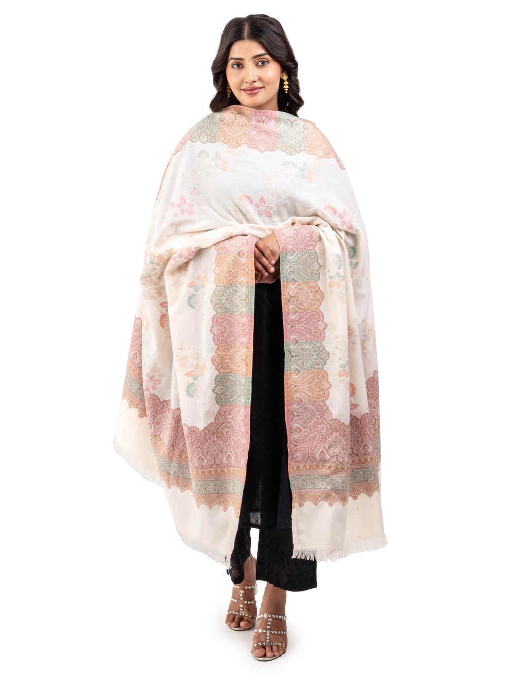 Naureen Women Faux Pashmina Kani Shawl, Floral Artwork, Warm and Soft, 40x80 inch