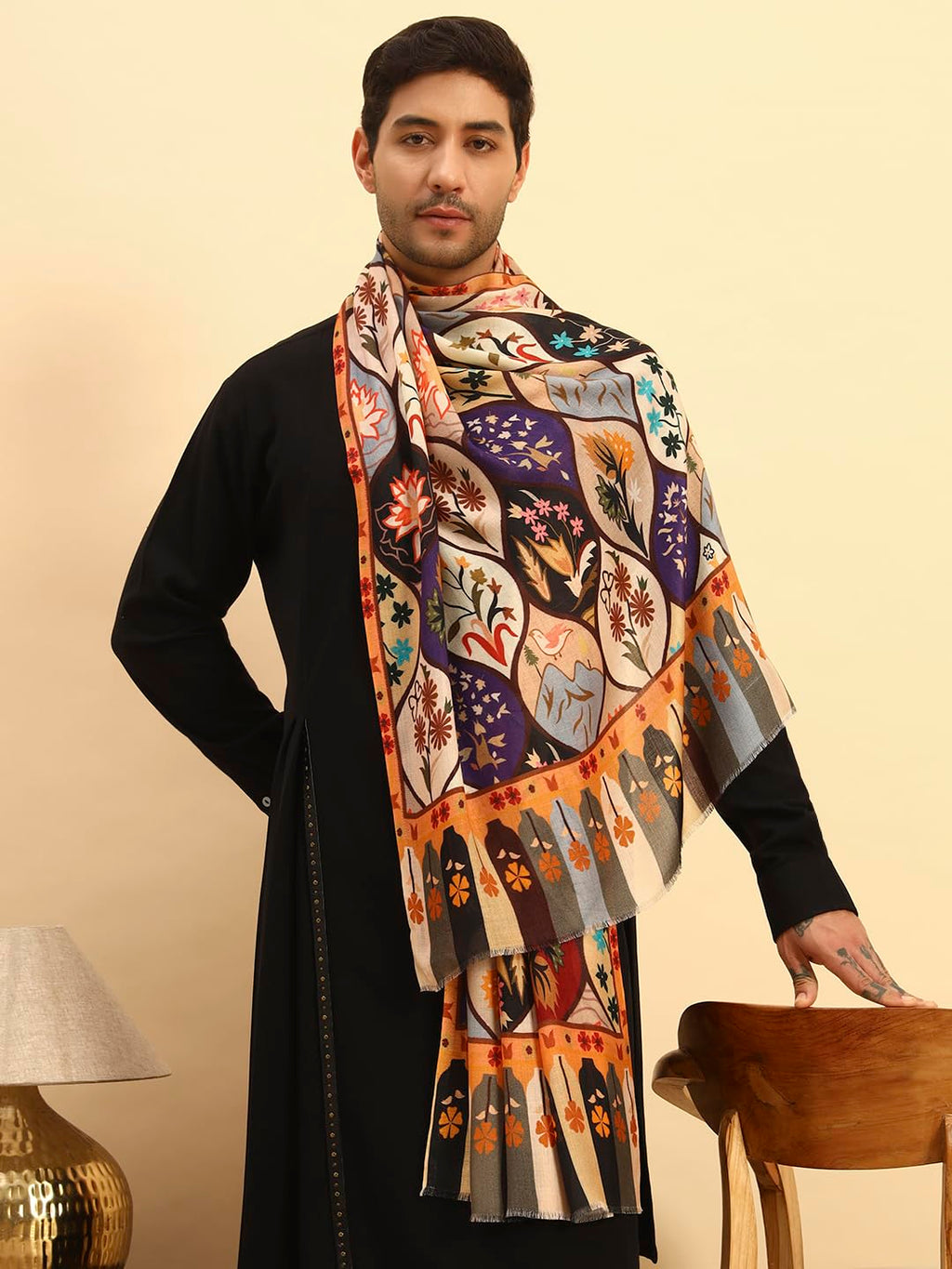 Pashmoda Men Floral Sonata Royal Fine Soft Bamboo Fibre Stole, Multicoloured Design, Evening Wrap, Luxury Pashmina Style Scarf, Wrap, Sustainable and Natural Fabric (Size 28x80, Olive colour) MISST32