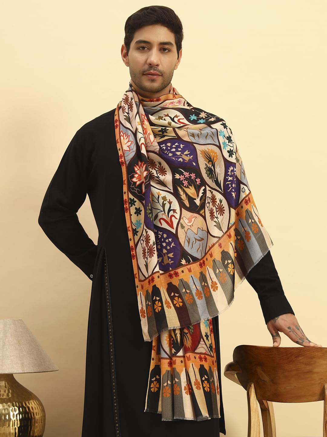 Pashmoda Men Floral Sonata Royal Fine Soft Bamboo Fibre Stole, Multicoloured Design, Evening Wrap, Luxury Pashmina Style Scarf, Wrap, Sustainable and Natural Fabric (Size 28x80, Olive colour) MISST32