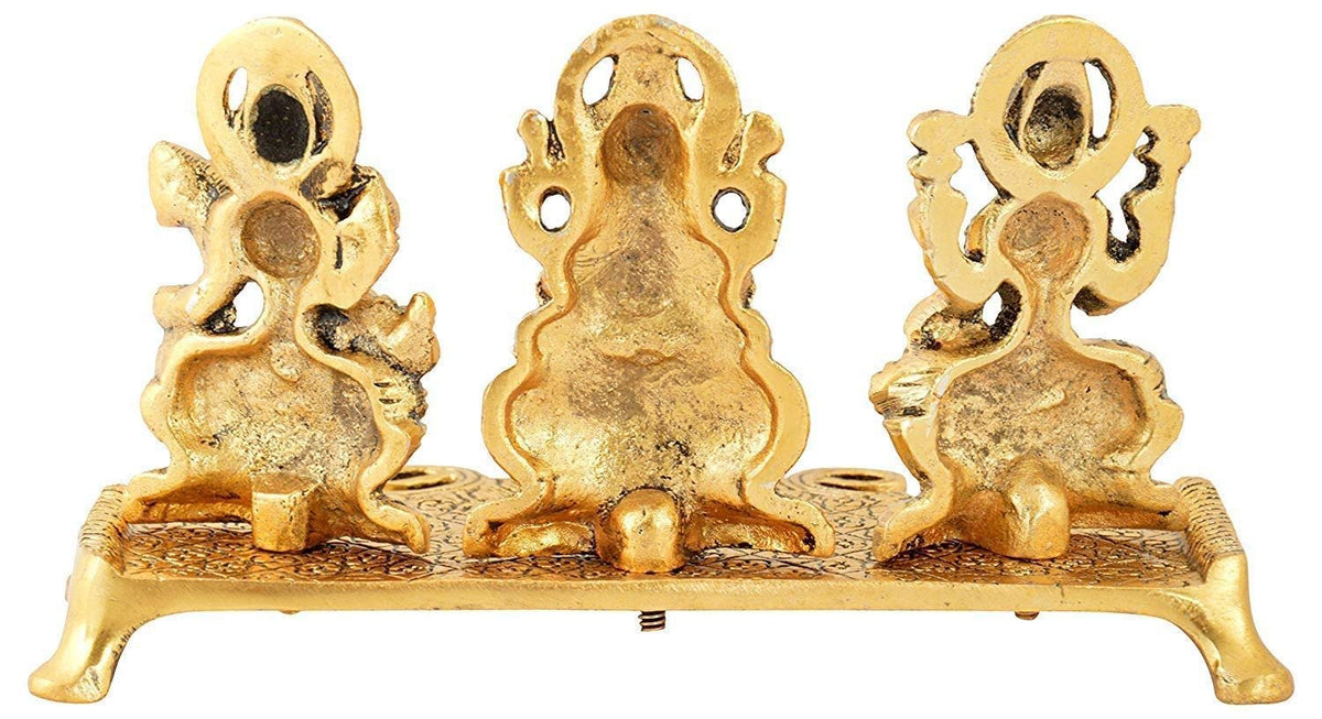 KridayKraft Laxmi Ganesh Saraswati Metal Idol Decorative Platter with Diya (Gold)