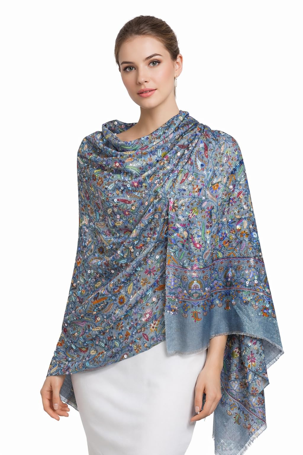 VIC Cashmere Silk Modal Digital Print Crystal Highlight Stole for Women - Steel Blue Multi – Soft Lightweight Luxury Designer Shawl Wrap, 70 x 200 cm | VIC-CSM-DPPAC7202